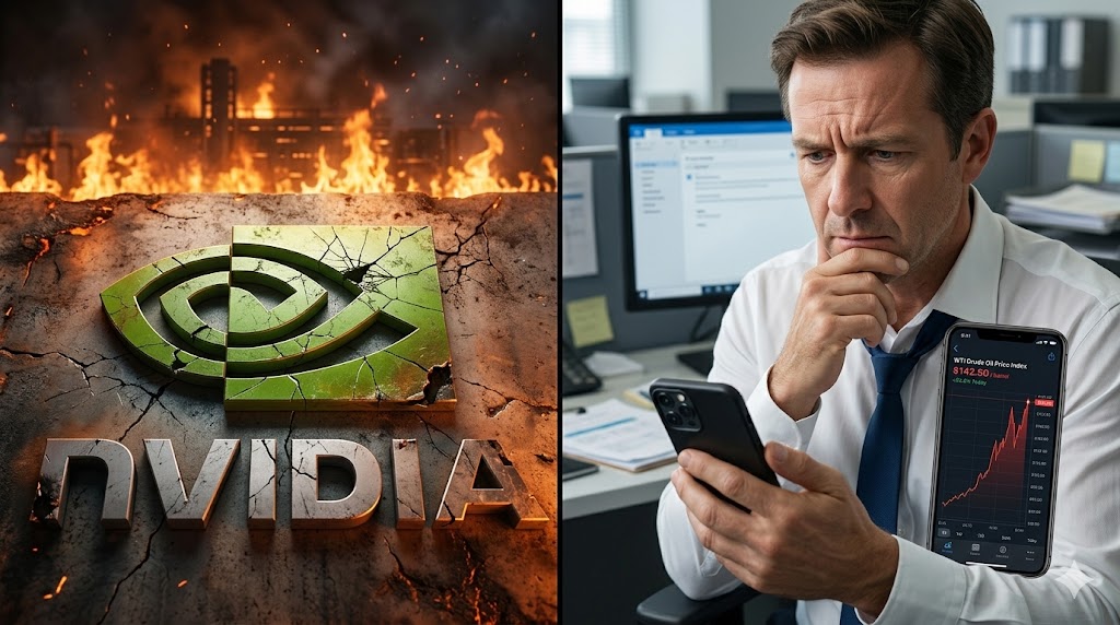 금이 간 엔비디아 로고와 유가 차트를 보며 당황해하는 직장인의 모습