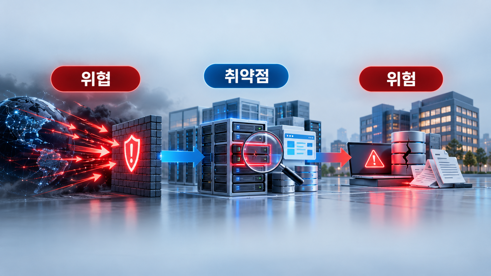 위협이 취약점을 이용해 실제 보안 위험으로 이어지는 관계