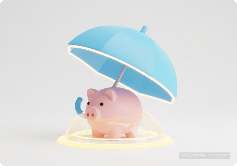 우산으로 보호되는 저금통을 표현한 실업급여 보호 개념의 3D 아이콘