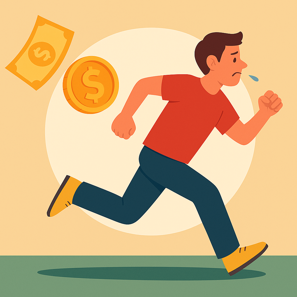 도망치는 듯한 인물과 뒤따라오는 돈 이미지 – 돈에 대한 무의식적 두려움을 상징