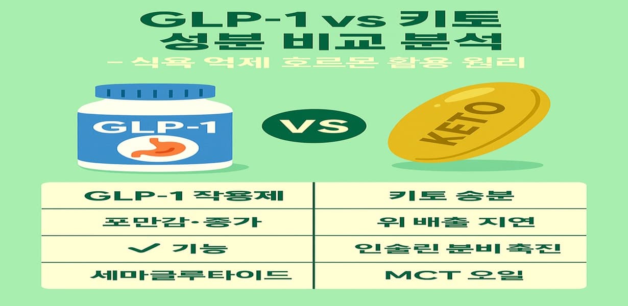 GLP-1 작용제와 키토 성분(MCT 오일)의 비교 분석 인포그래픽 표