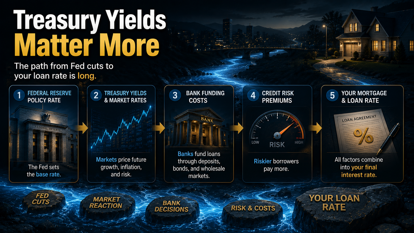 Flowchart illustrating how Treasury yields, funding costs, and credit risk determine mortgage interest rates.