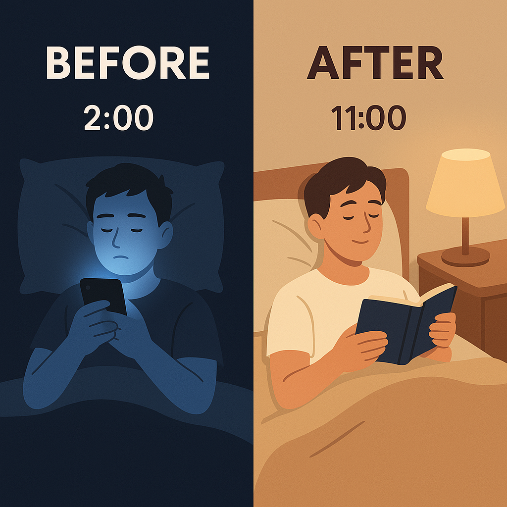 자기 전 스마트폰 끄는 루틴으로 비포는 새벽2시까지 휴대폰 만지는 사진과 애프터 11시에 책 읽고 자는 사진