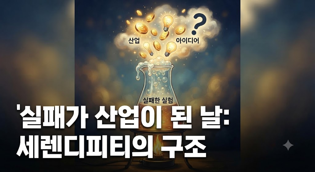 실험실 비커에서 검은 연기가 피어오르며 실패한 것처럼 보이지만, 그 연기 속에서 반짝이는 전구(아이디어)와 돈주머니(산업)가 함께 떠오르는 모습을 몽환적인 일러스트로 표현했습니다. '실패가 산업이 된 날 &mdash; 세렌디피티의 구조'라는 타이틀을 넣어 클릭을 유도합니다.