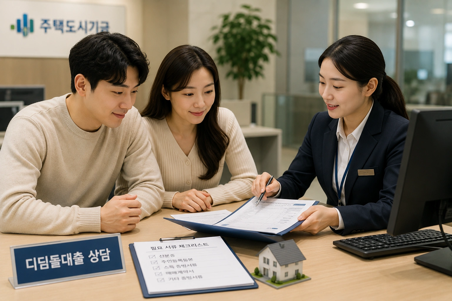 디딤돌대출 심사를 위해 은행 상담원과 한국인 신혼부부가 대출 서류를 검토하며 상담하는 모습