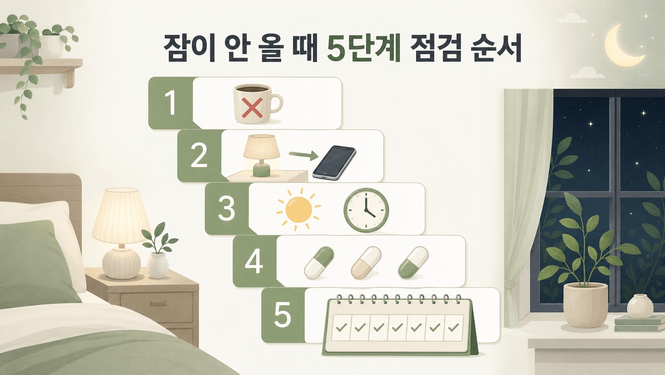 잠이 안 올 때 5단계 점검 순서 인포그래픽