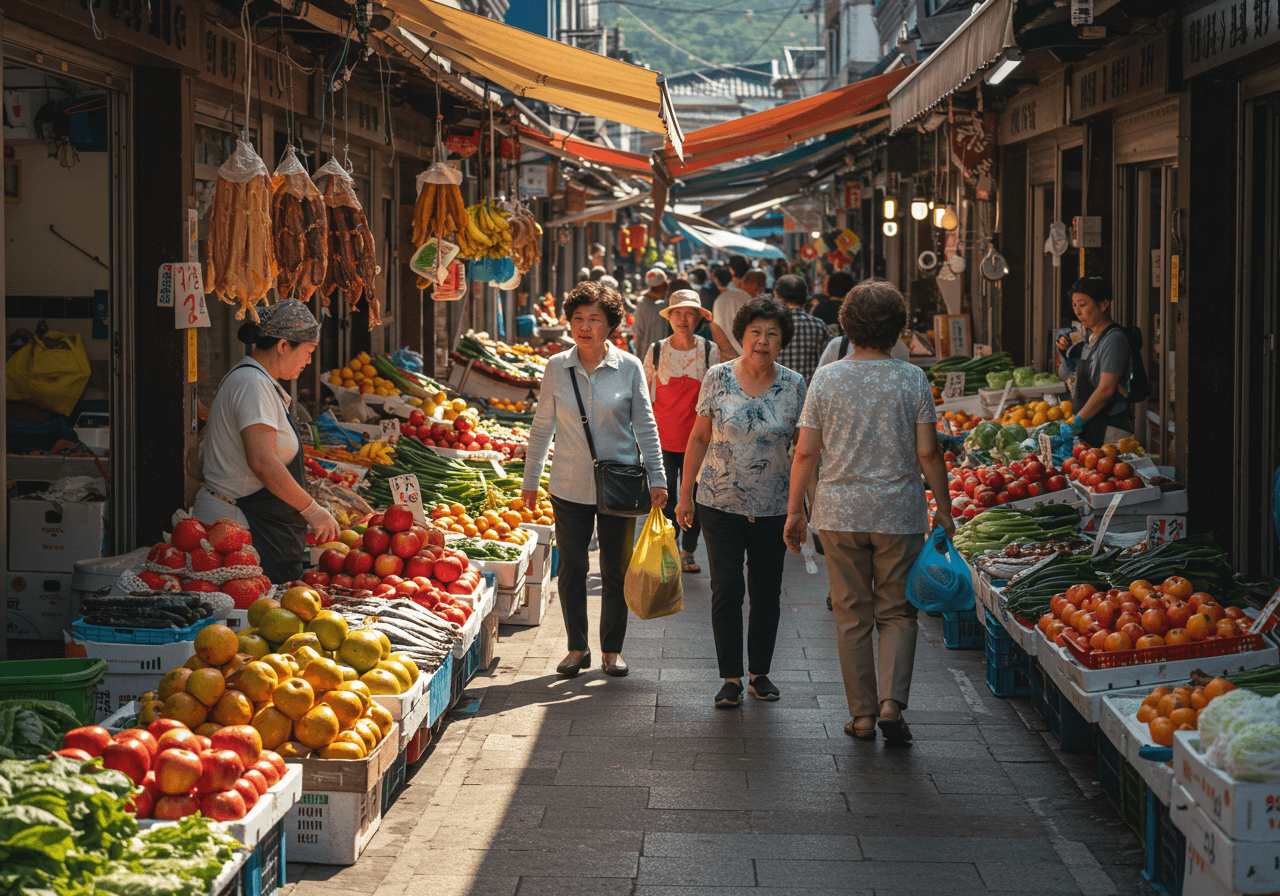 재래시장에서 과일과 채소를 고르며 장을 보는 사람들, 소비쿠폰 사용으로 지역경제와 소상공인 매출 회복을 상징하는 장면