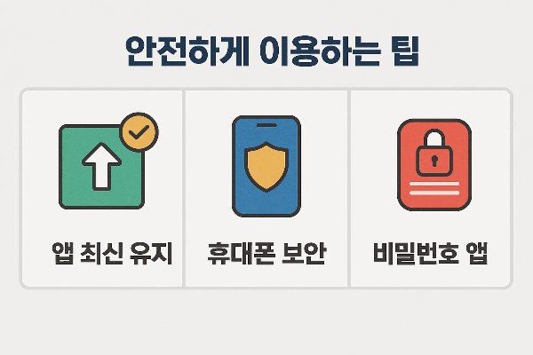 카톡 비밀채팅을 보다 안전하게 이용하기 위한 보안 팁을 정리한 인포그래픽으로 앱 최신 유지, 휴대폰 보안 강화, 비밀번호 앱 활용 방법 안내