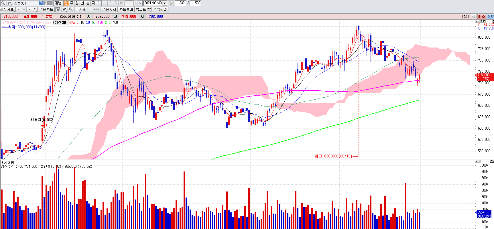 리비안관련주삼성SDI일봉차트