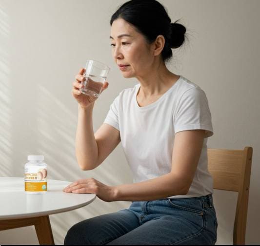 난각막 구아검 복용법과 주의사항
난각막 구아검 복용하는 중년 여성 사진