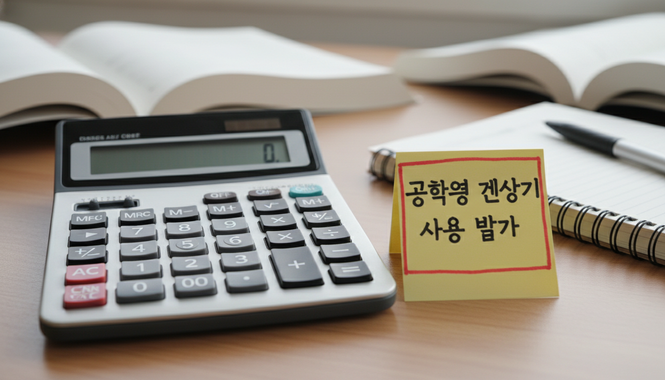 일반 사칙연산만 가능한 계산기와 공학용 계산기 사용 불가 안내문이 놓여 있는 모습.