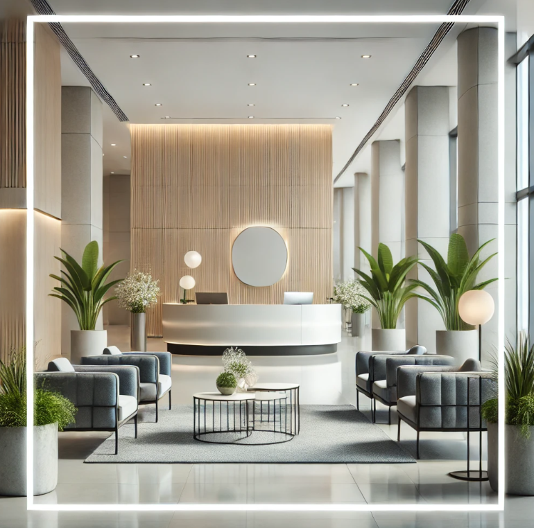 현대적인 사무실 로비, 리셉션 데스크와 편안한 좌석 공간, 장식용 식물이 조화롭게 배치되어 있습니다. 로비는 밝고 깨끗하며 프로페셔널한 느낌을 줍니다.