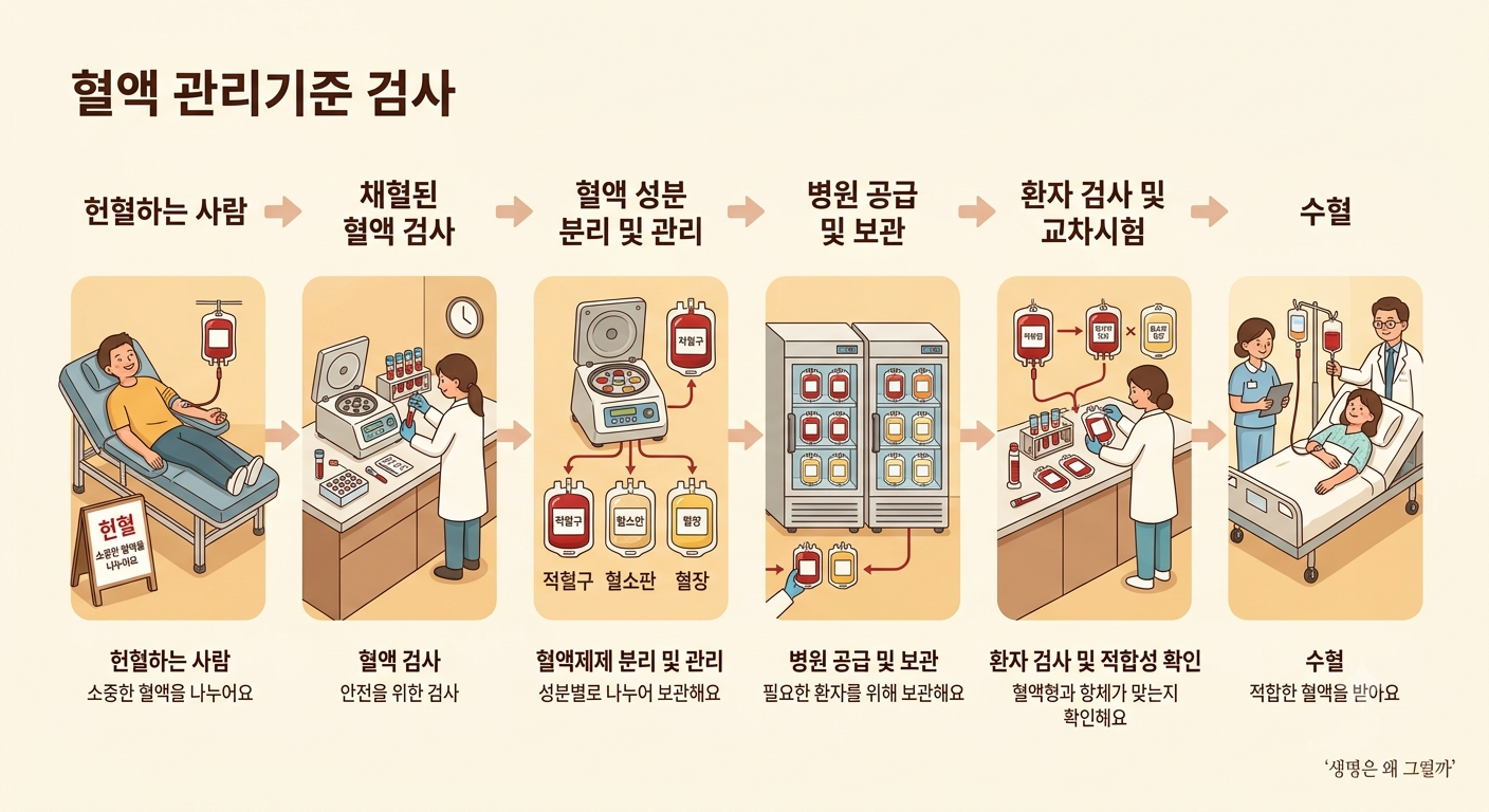 헌혈에서 검사와 혈액제제 생산을 거쳐 환자에게 수혈되는 전체 과정