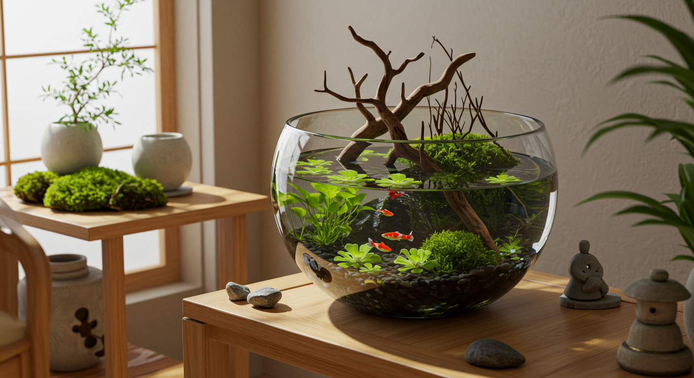 유목과 식물들을 통해 입체감을 살린 수반 사진