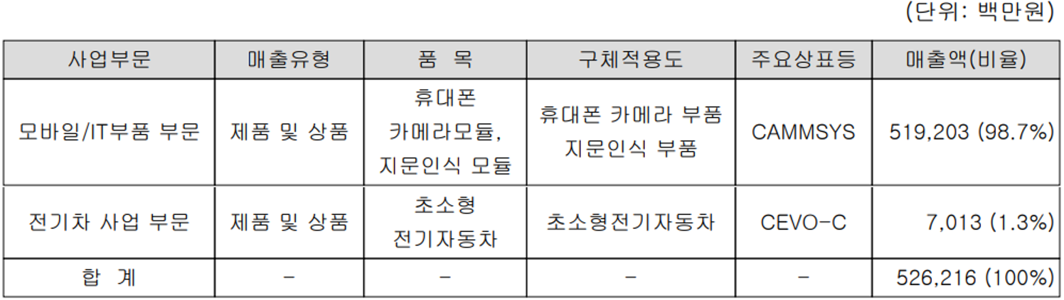 캠시스 - 주요 사업 부문 및 제품 현황(2021년 4분기)