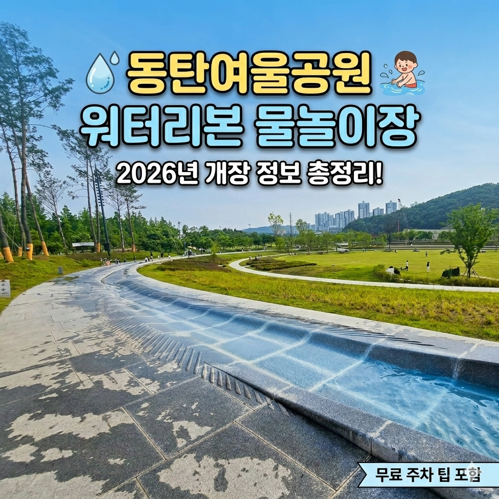 2026년 여름 시즌을 맞이해 시원한 물줄기가 흐르는 동탄여울공원 워터리본 물놀이장의 전경과 가족 나들이객을 위한 무료 주차 안내 문구가 포함된 블로그 썸네일 이미지