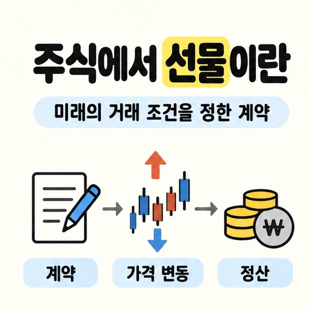 주식에서 선물이란 제목과 미래의 거래 조건을 정한 계약이라는 설명 아래 계약서와 가격 변동 차트 및 정산을 나타내는 동전이 이어지는 도식