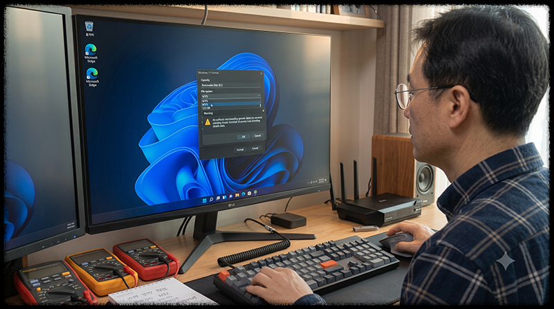 Windows 11 파일 탐색기에서 USB를 NTFS 파일 시스템으로 포맷하는 모습