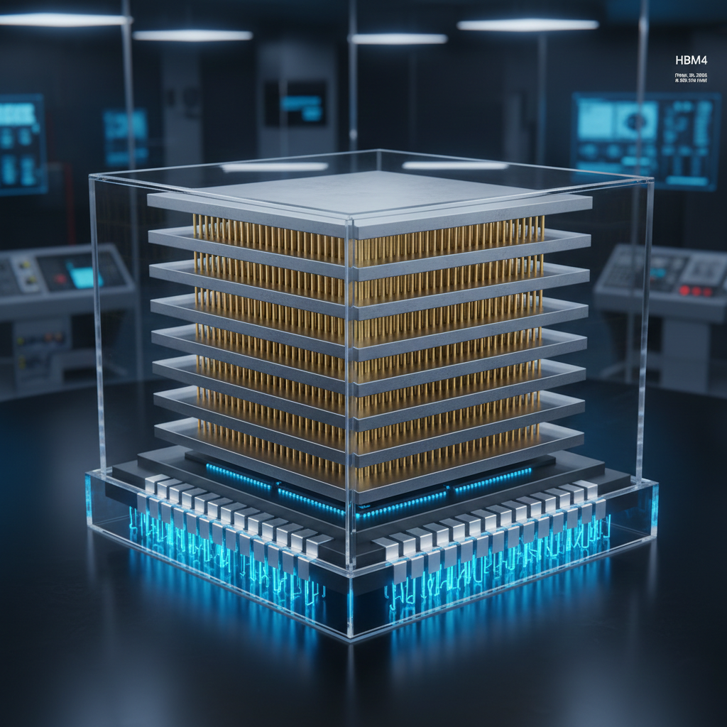 HBM4의 16단 적층 구조와 2048비트 인터페이스를 시각화한 기술 이미지