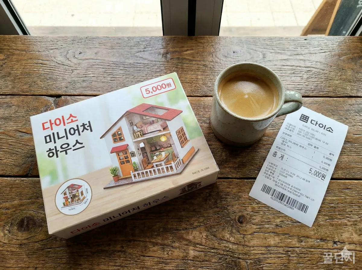 다이소 미니어처 하우스 키트 패키지와 5천 원 영수증, 커피 한 잔이 놓인 테이블