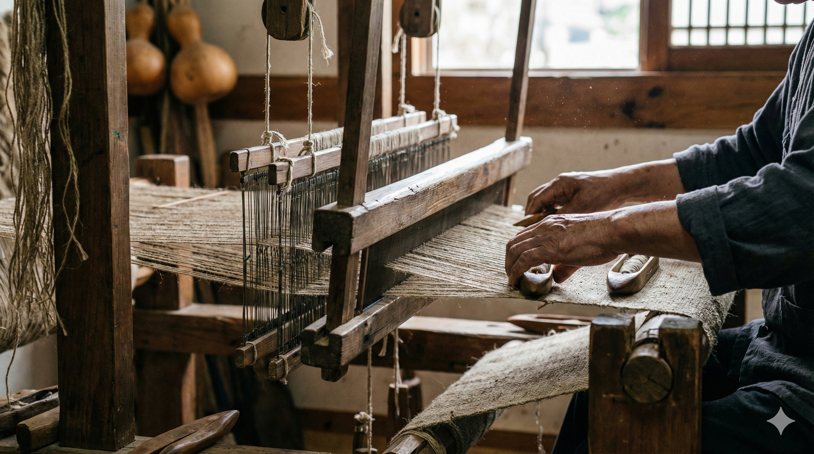 전통 베틀에서 삼베나 모시를 짜는 장인의 손과 실을 가까이서 담은 모습