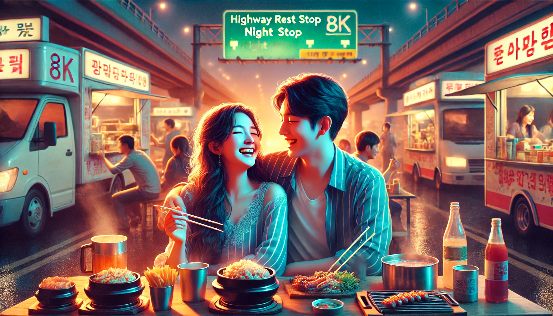 고속 도로 휴게소 맛집을 찾은 연인