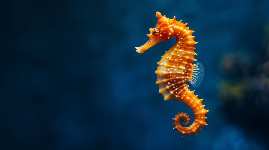 야생의 바다에서 유영을 하고 있는 붉은 빛깔의 해마 한마리를 확대를 하여 찍은 사진