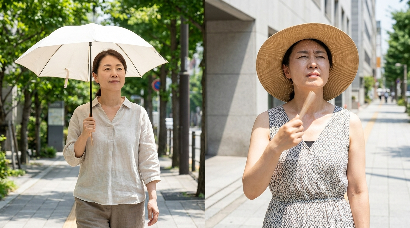 양산 쓴 여성과 모자 쓴 여성의 체감온도 비교 이미지, 갱년기 열감 관리
