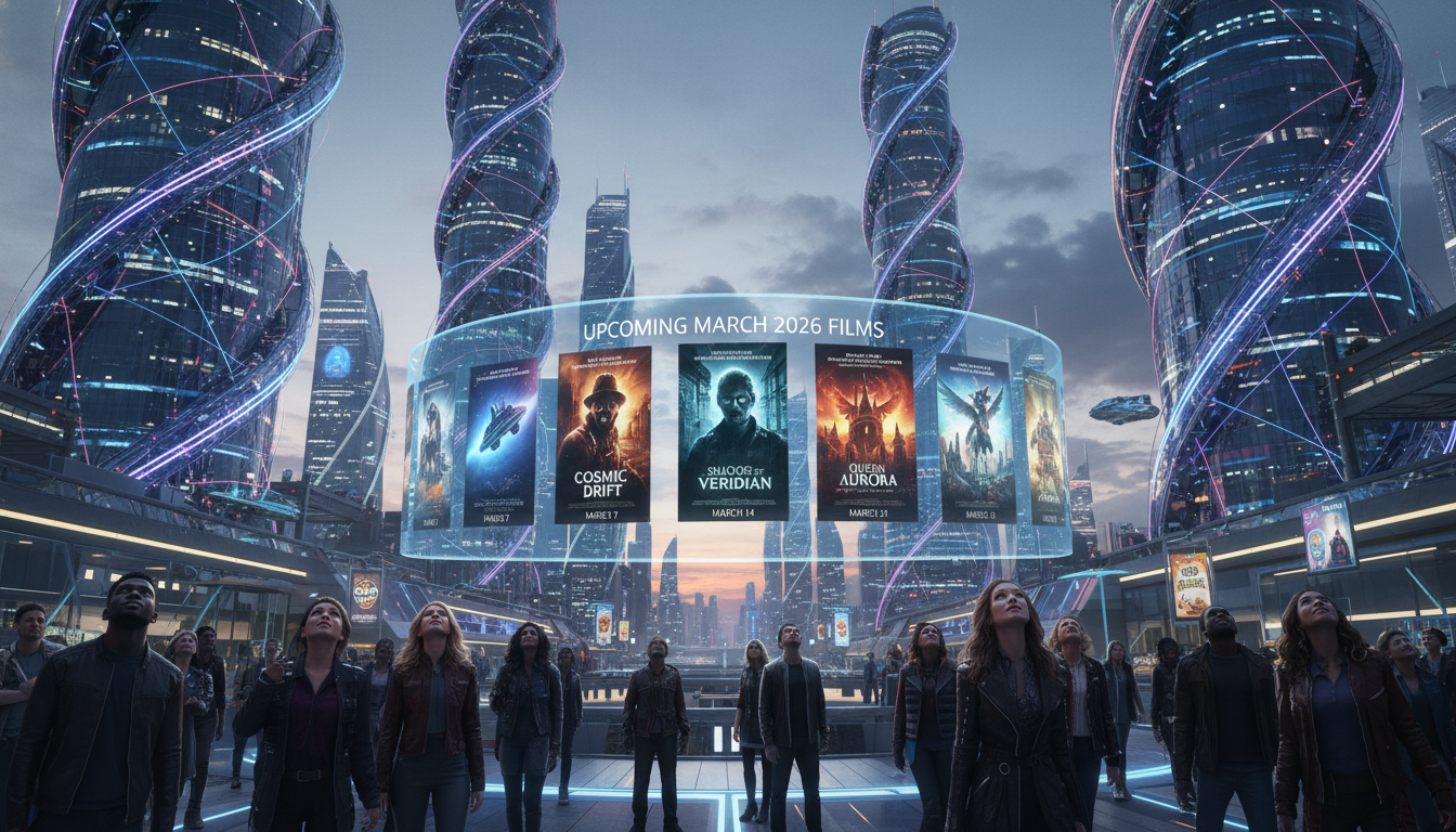 2026년 3월 개봉 영화 기대작들을 나타내는 미래 도시 풍경. 사람들이 홀로그램 영화 포스터를 보며 기대감을 표현하는 모습.