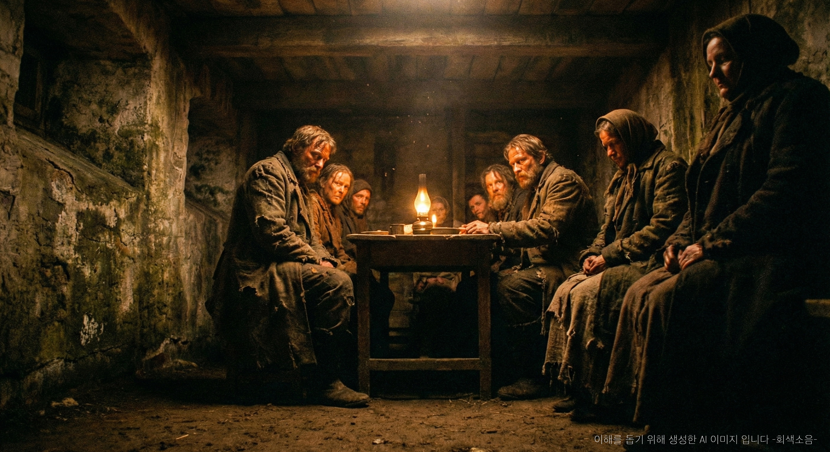 19세기 러시아의 비좁은 지하실 바닥 시점에서, 촛불 하나에 모여 앉은 초라한 사람들이 강한 명암과 짙은 그림자 속에 비치는 음울한 장면.