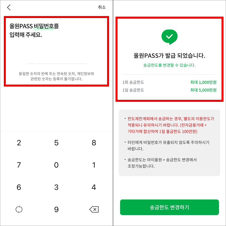 올원PASS의 비밀번호를 입력하여 발급을 완료