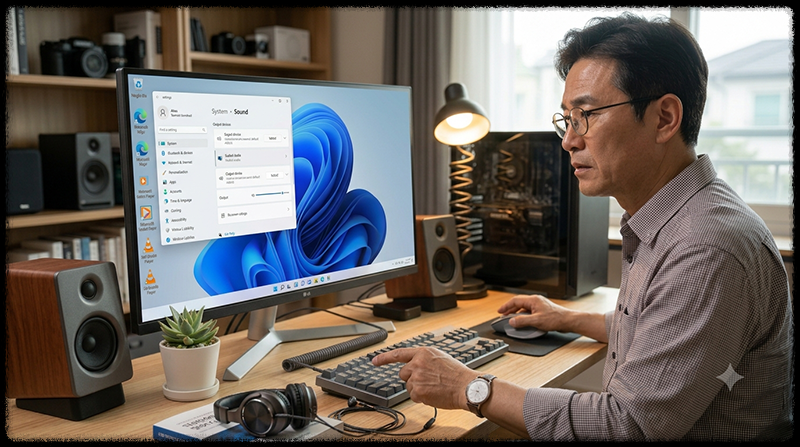 컴퓨터에 이어폰을 연결했지만 외부 스피커에서 소리가 나오는 문제를 확인하는 모습