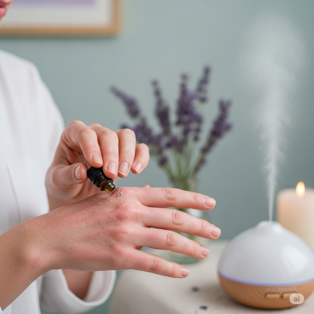 염증이 있는 손등에 오일을 바르는 모습