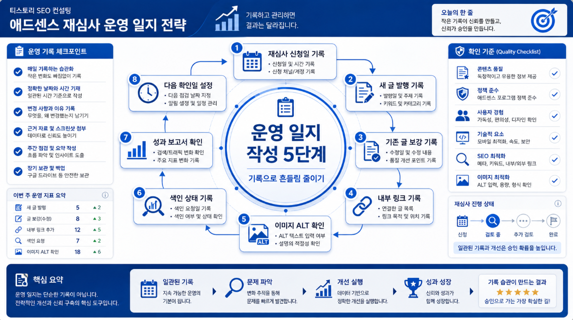 애드센스 재심사 블로그 운영 일지를 재심사 신청일 새 글 발행 기존 글 보강 내부 링크 색인 상태 성과 보고서 다음 확인일 기준으로 작성하는 5단계 인포그래픽