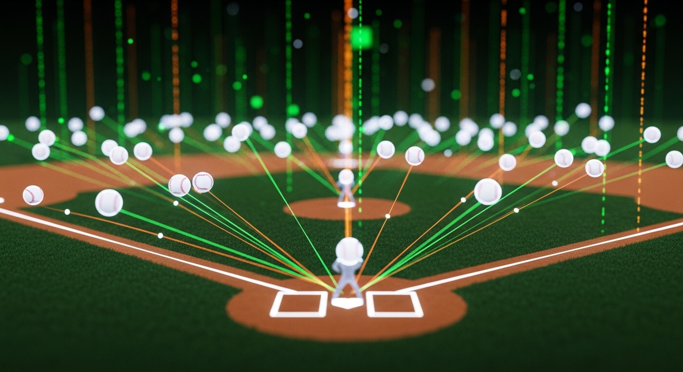 야구 경기 시뮬레이션에 몬테카를로 방식을 적용한 이미지, 수많은 가상 게임이 디지털 공간에서 펼쳐지며 AI가 우승 확률을 계산하는 과정을 보여줌.