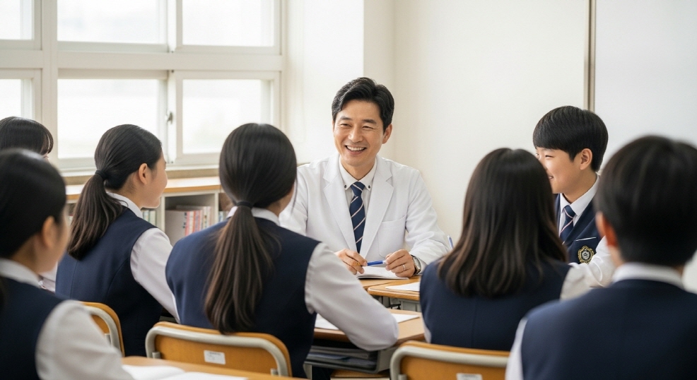 교복 입은 학생들 사이에서 대화하는 보건교사