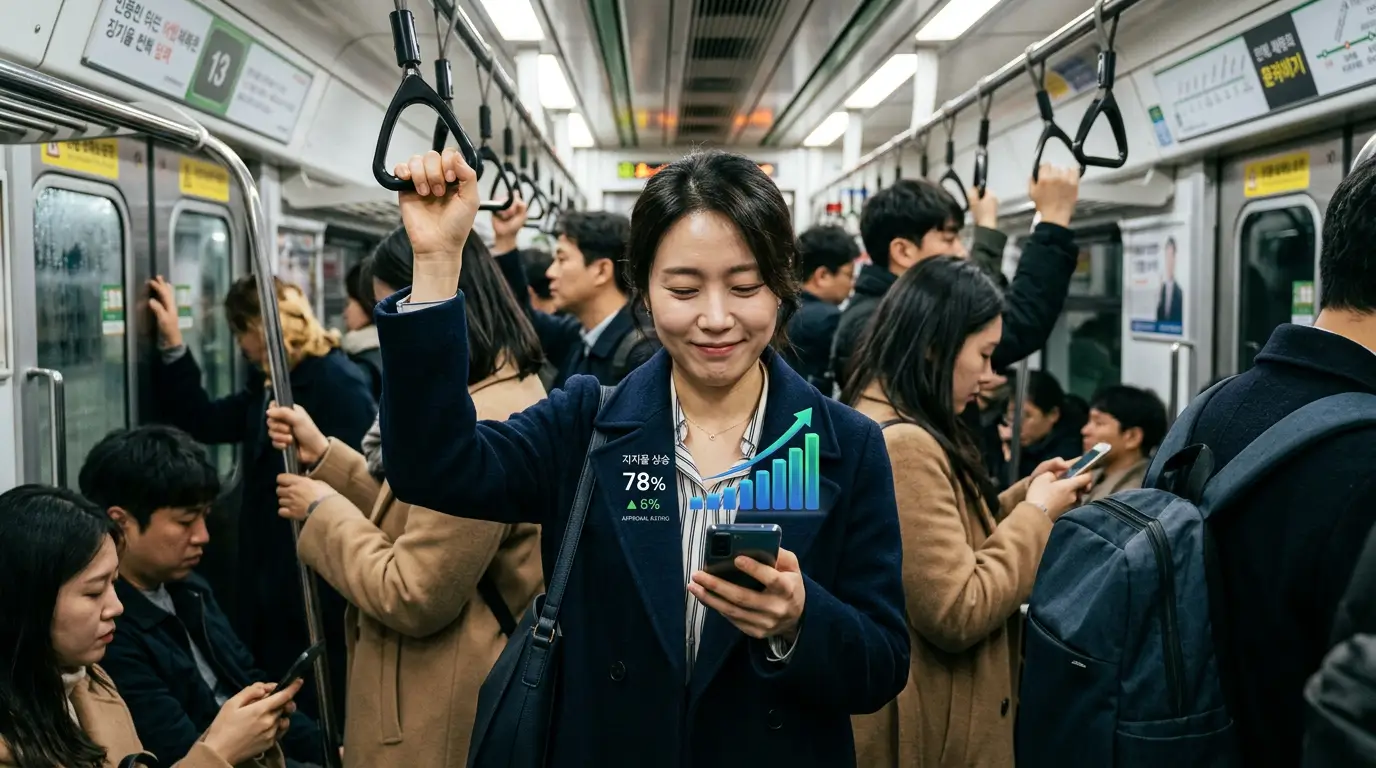 퇴근길 지하철 안에서 피곤한 표정의 30대 여성이 스마트폰 화면의 한도 승인 완료 막대그래프를 보며 안도하는 모습
