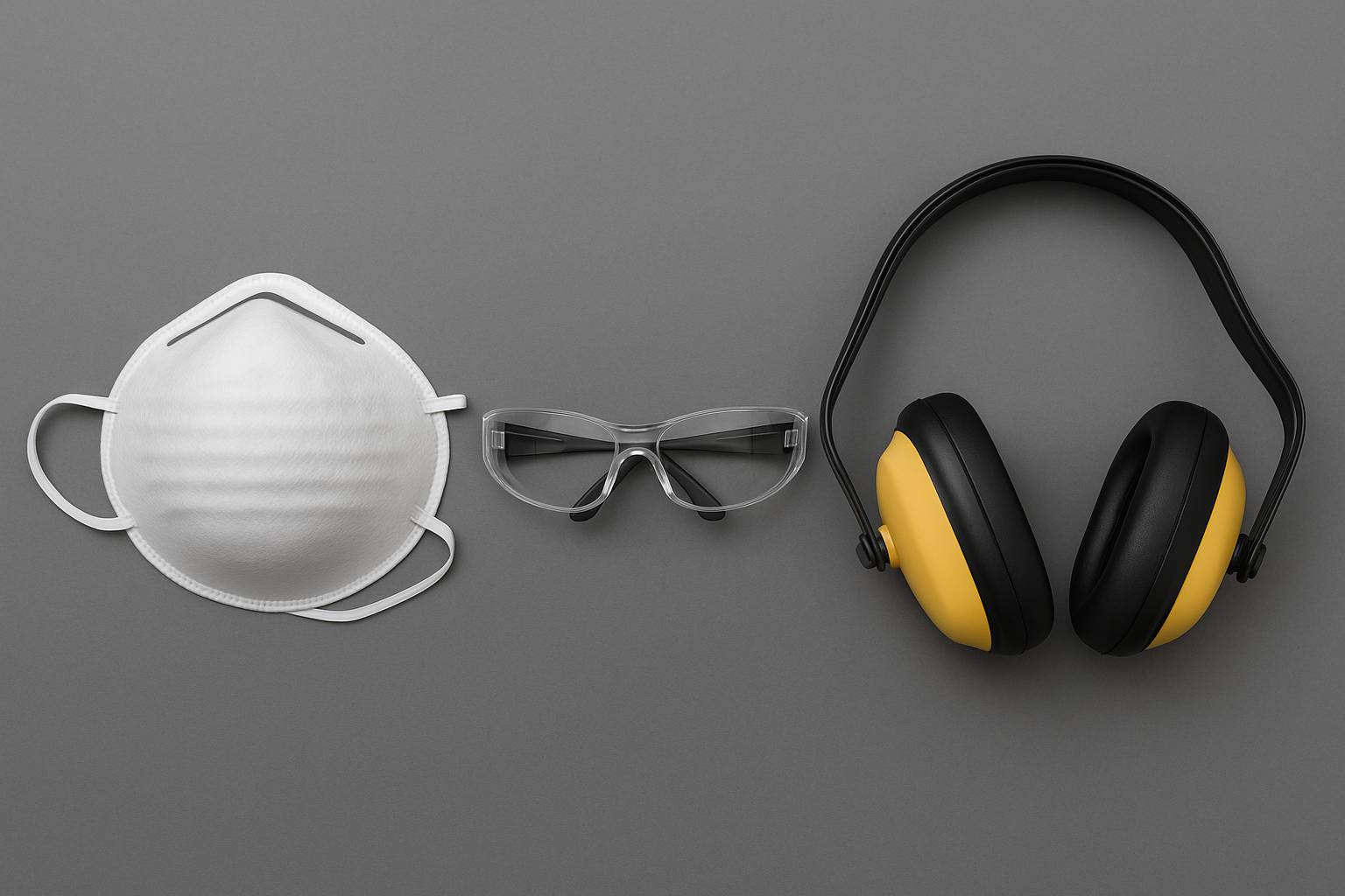 마스크, 보안경, 귀마개 등 PPE 장비가 정렬된 2025년 개인 보호장비 이미지