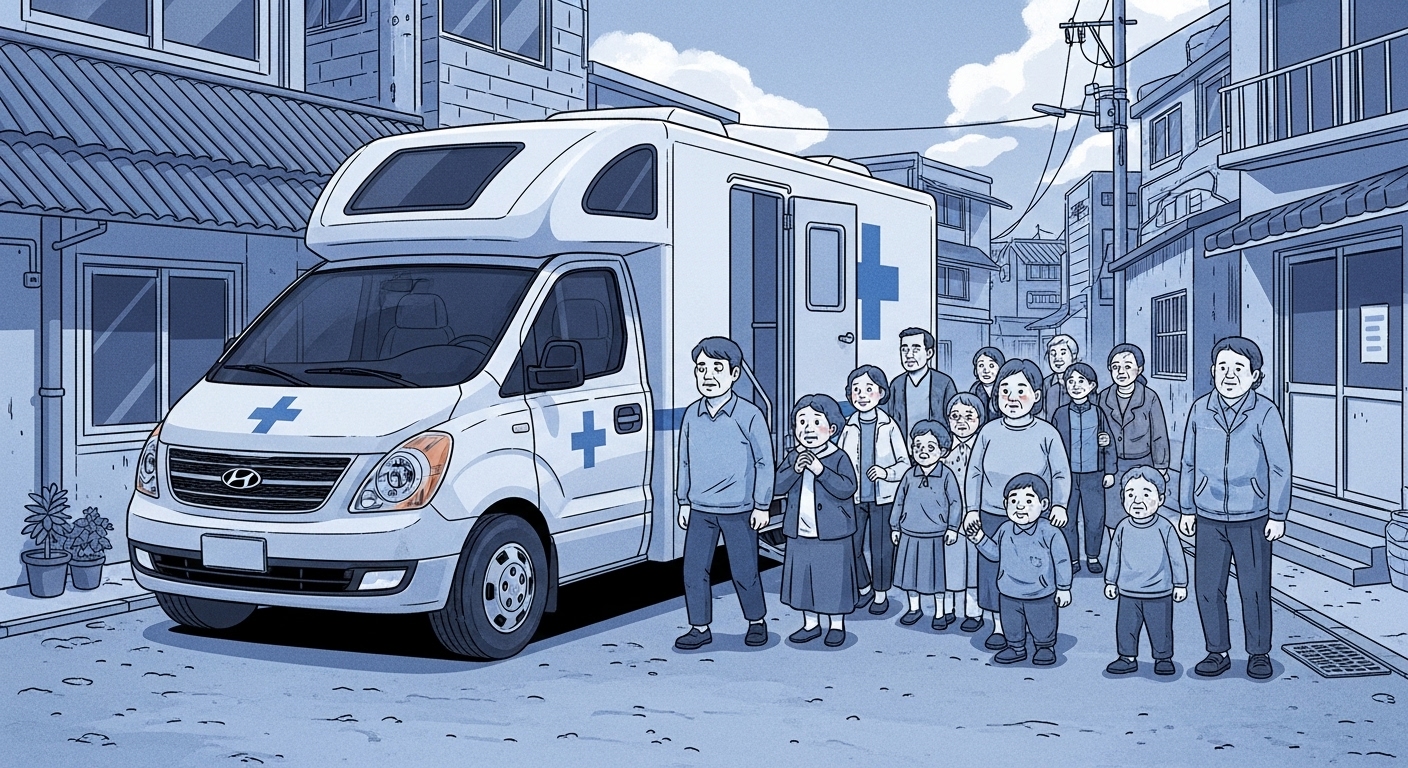 이동진료 차량이 취약계층 주거 지역에 도착하여 주민들이 의료 서비스를 받기 위해 모여드는 모습입니다.