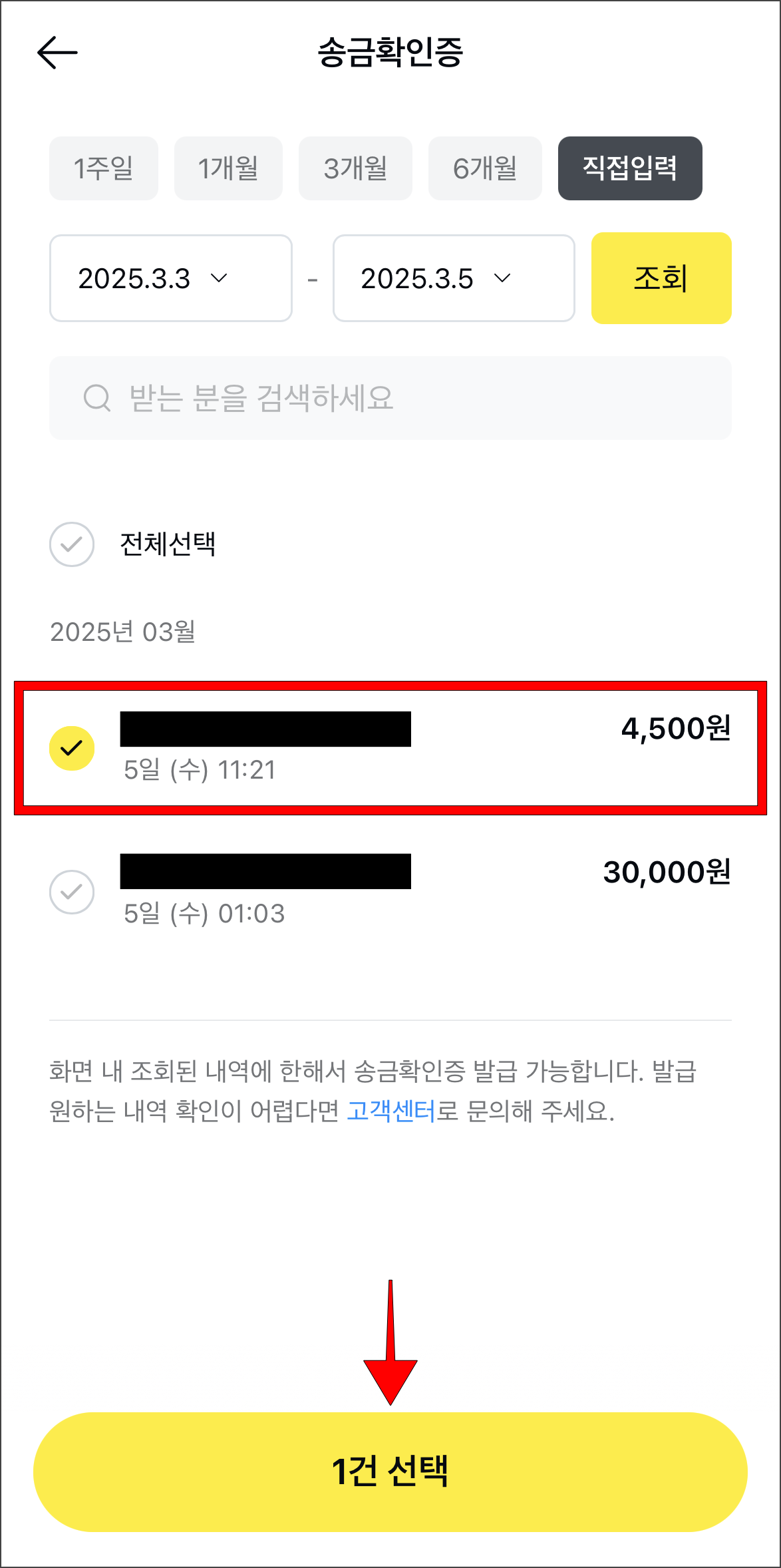 송금내역을 선택하고, '0건 발급' 버튼을 선택