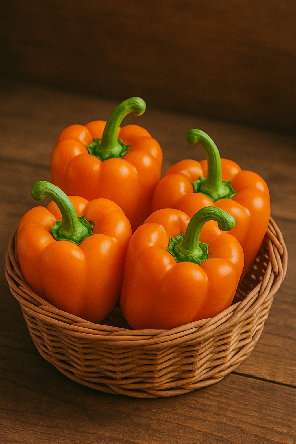 바구니에 담긴 주황 파프리카 이미지