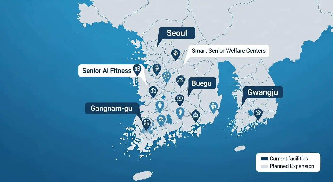 대한민국 지도 위에 서울 강남구 등 주요 도시의 시니어 AI 피트니스 시설 현황을 표시한 디지털 그래픽. 전국적인 확산 추세를 보여준다.