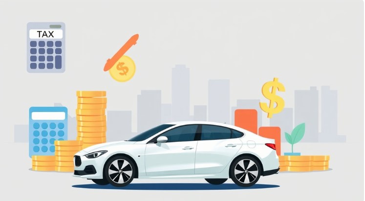 자동차세 미리 납부하여 세금 할인 받은 자동차와 돈이 쌓여있는 이미지입니다.