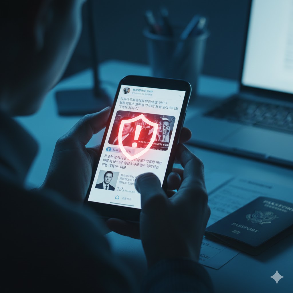 스마트폰 화면의 위험한 SNS 게시물을 보여주는 극단적인 클로즈업.