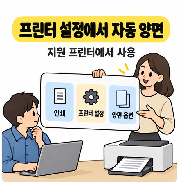 프린터 설정에서 자동 양면을 지정하라는 안내 아래 여성이 인쇄와 프린터 설정 및 양면 옵션 안내판을 보여주는 모습