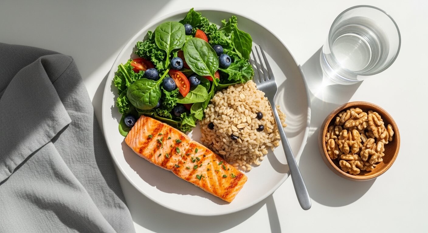 현미밥과채소들, 연어와,호두가 접시위에 올려져있다