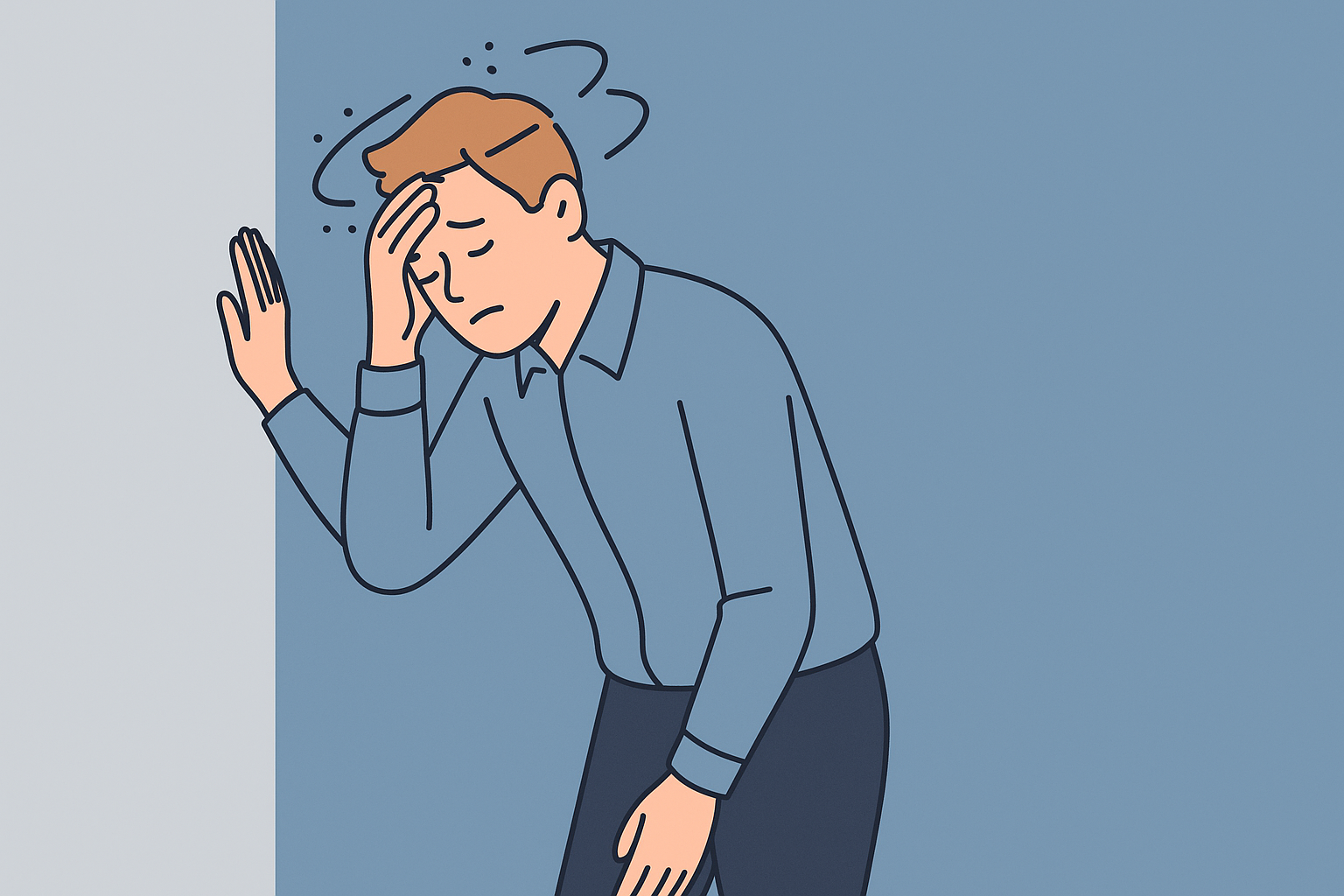 어지러움을 느끼고 벽에 기대는 사람