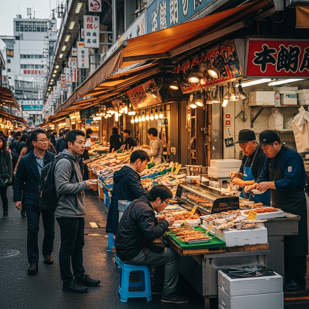 신선한 해산물이 가득한 츠키지 시장! 활기찬 분위기에서 갓 만든 초밥을 먹는 사람들