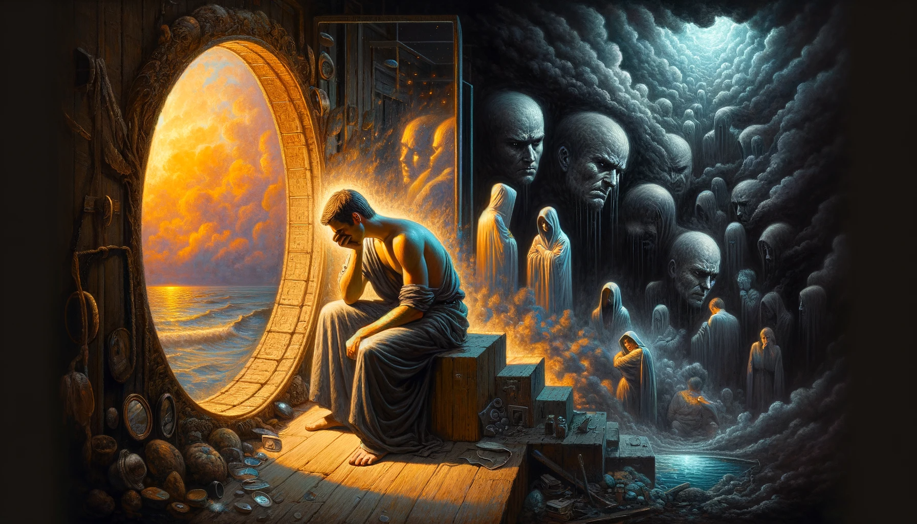 슬프고 화나는 이유가 자신이 주인공이며 주님께 소망을 두지 않기 때문 - Here is the image depicting the concept that sadness and anger arise from focusing on oneself instead of placing hope in the Lord. The individual's self-engrossment leads to darkness and turmoil, in contrast to the serene, light-filled space representing peace and hope.