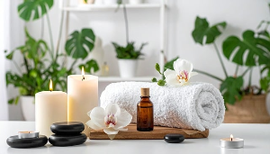 에스테틱에서 사용하는 수건&amp;#44; 오일&amp;#44; 초&amp;#44; 그리고 스톤의 사진들